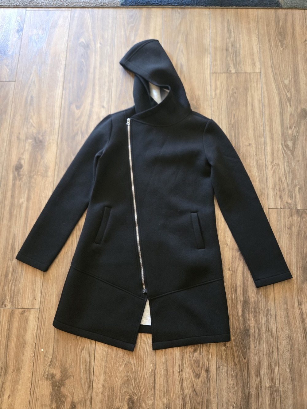 Women's Black Hooded Asymmetrical Zip Coat